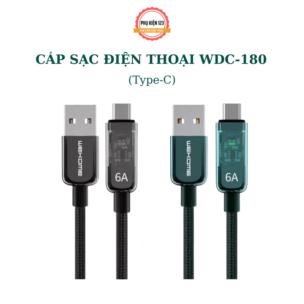 Dây cáp sạc nhanh WEKOME WDC180 chân sạc tương thích Type c - LN chất liệu dây dù tích hợp sạc nhanh 6A