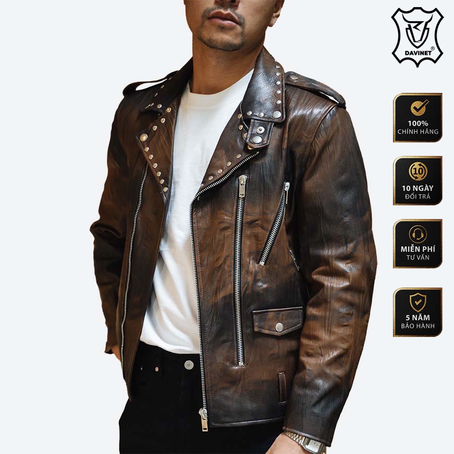 Áo Khoác Da Dê Xịn Biker nam DAVINET Am22-10, Da Thật, Mềm Nhẹ, Siêu Rẻ, Bảo Hành 5 Năm