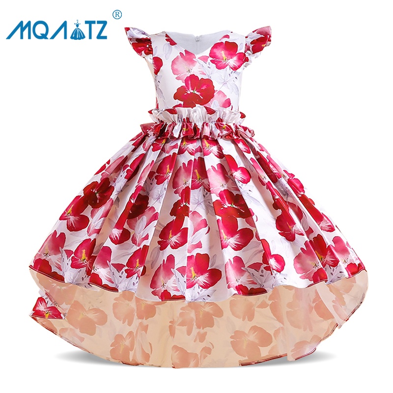 Đầm MQATZ cổ chữ V in họa tiết hoa xinh xắn thời trang mùa hè dự tiệc dành cho bé gái