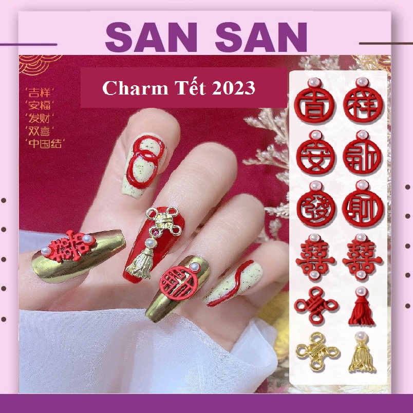 Set 2 Charm Tết 2023 , Charm chữ trung, đỏ, Charm cưới, song hỷ Trang Trí Móng