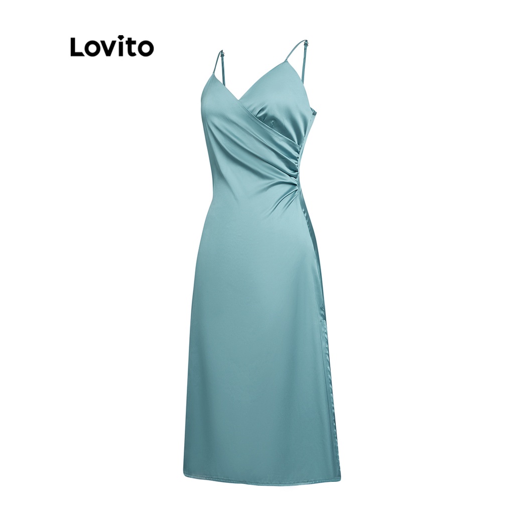 Lovito Váy nữ trơn Satin xẻ tà dải A-Line Váy phụ nữ L37ED062 (Xanh dương nhạt)