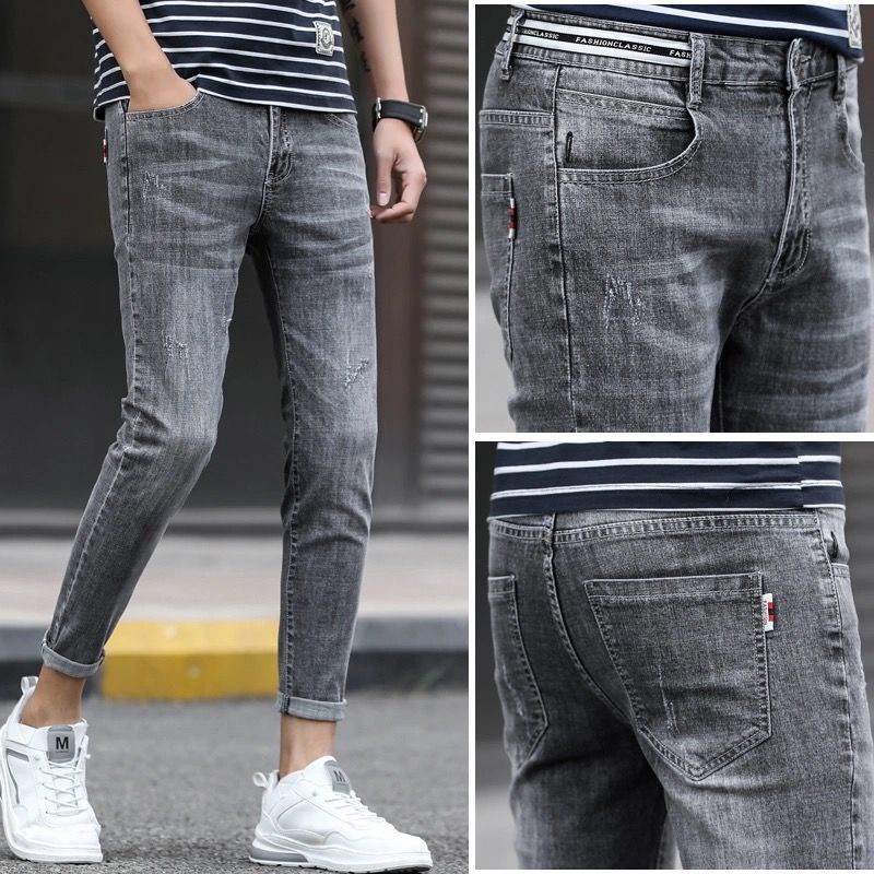 Quần Jean Rách Màu Đen Dáng Ôm Co Giãn Phong Cách Hàn Quốc Cho Thanh Thiếu Niên