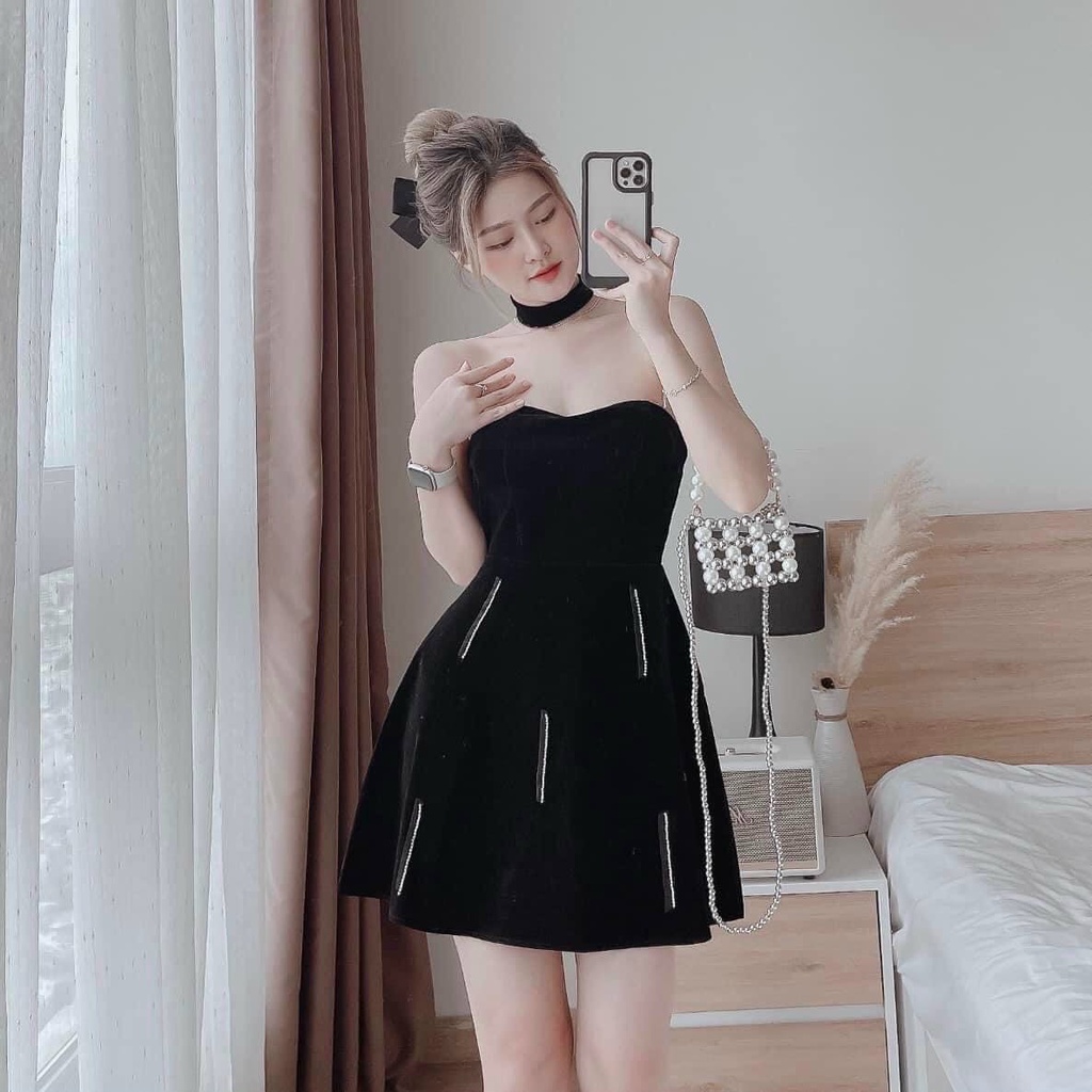 Váy đầm dự tiệc sang chảnh cúp ngực màu đen dáng xòe vải nhung tặng kèm vòng cổ