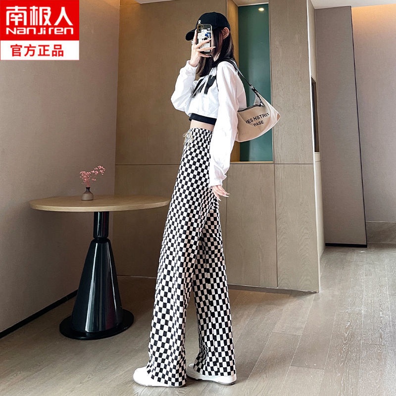 Quần Dài Ống Rộng Lưng Cao Vải Lụa Lạnh Họa Tiết Kẻ Sọc Đen Trắng Thời Trang 2022 Cho Nữ