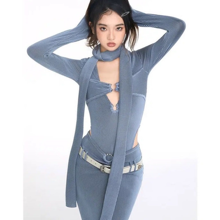 Set áo liền thân Croptop màu xanh xám combo chân váy dài đường phố thu đông hàng thiết kế cao cấp B018 mới 2022