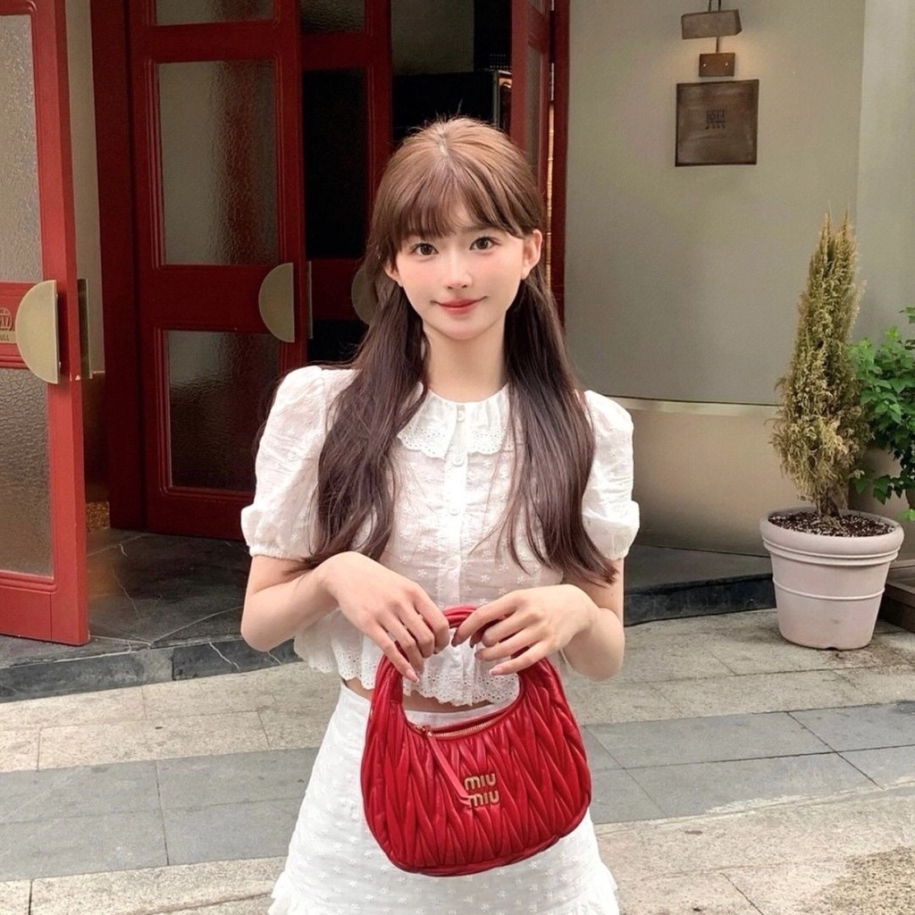 Q742 MiuMiu bowling Boston sheepskin pleated bag pillow bag shoulder crossbody cloud Hobo handbag