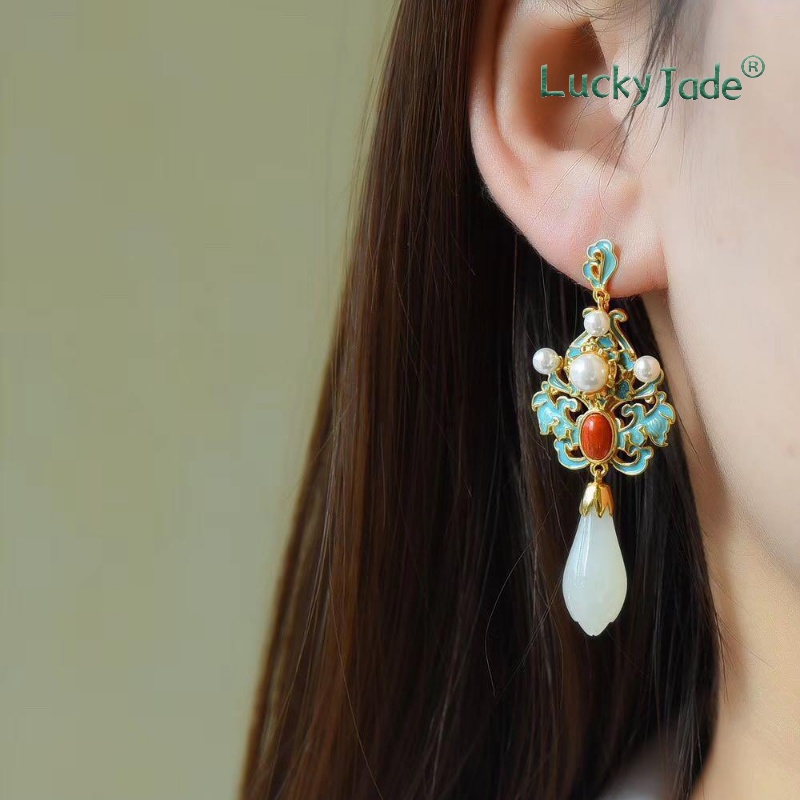 Bông Tai Mạ Bạc 925 Đính Đá Mã Não Đỏ Phong Cách Cung Điện