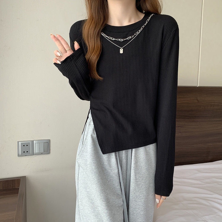 Áo Thun Tay Dài Cổ Tròn Xẻ Tà Kiểu vintage Thời Trang Mùa Thu Cho Nữ TX-219