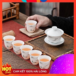 Bộ Chén Khải(Tiềm Trà) Sứ Cảnh Đức Trấn Thấu Quang