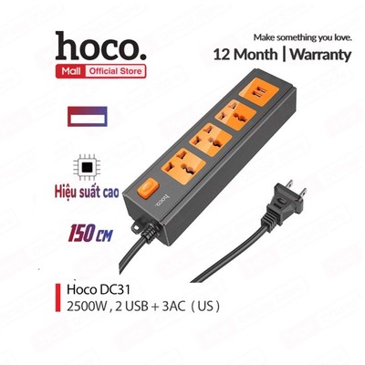 Ổ cắm điện đa năng chống cháy nổ Hoco DC31 tích hợp 3 cổng AC và 2 cổng sạc USB chân cắm US dây dài 1.5M