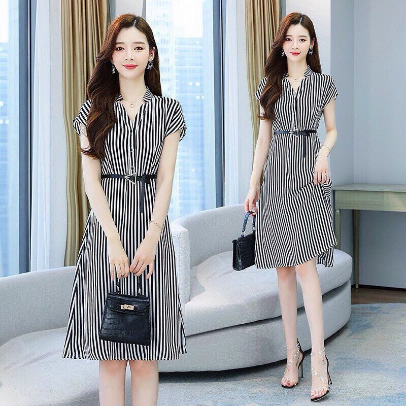 Đầm Xòe Sơ Mi Sọc Cổ Trụ Hàn Quốc Kèm Dây Cột Eo Rời Thời Trang Công Sở BEBEDOLL