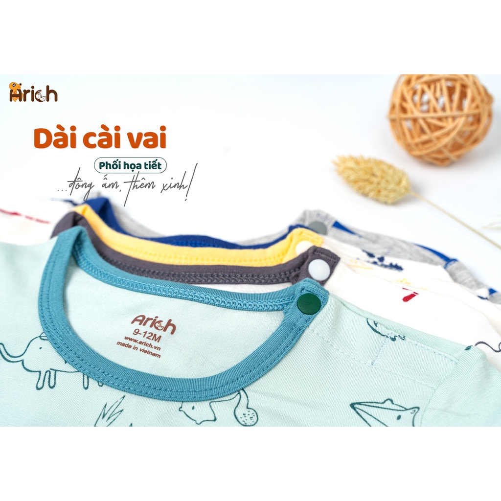 Bộ dài tay cài vai Arich vải sợi tre mềm mịn, quần áo trẻ em thoáng khí, co giãn 4 chiều