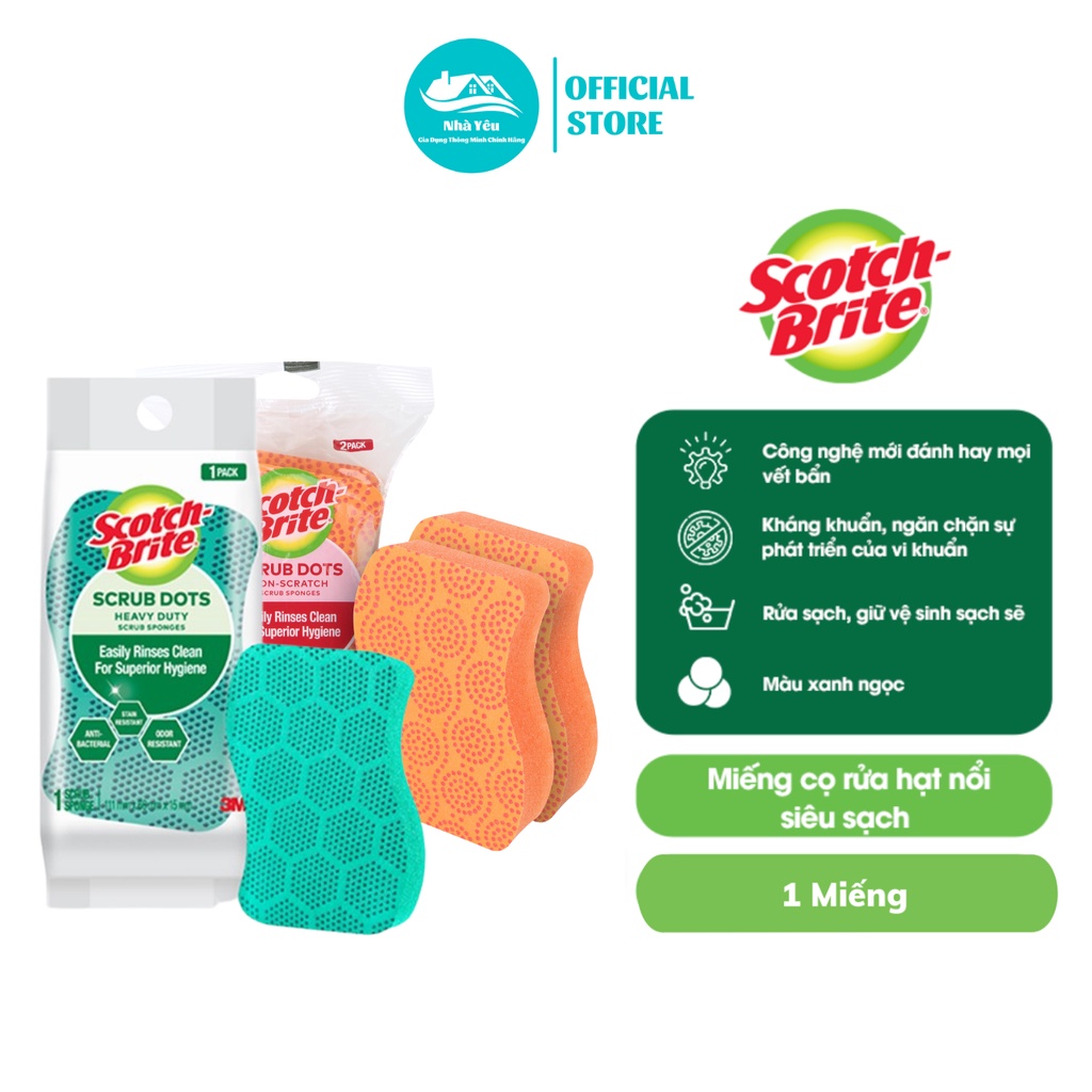 Miếng Rửa Chén Hạt Nổi 3M Scotch Brite Không Trầy Xước-Mút Kháng Khuẩn,Không Bám Cặn Gây Mùi