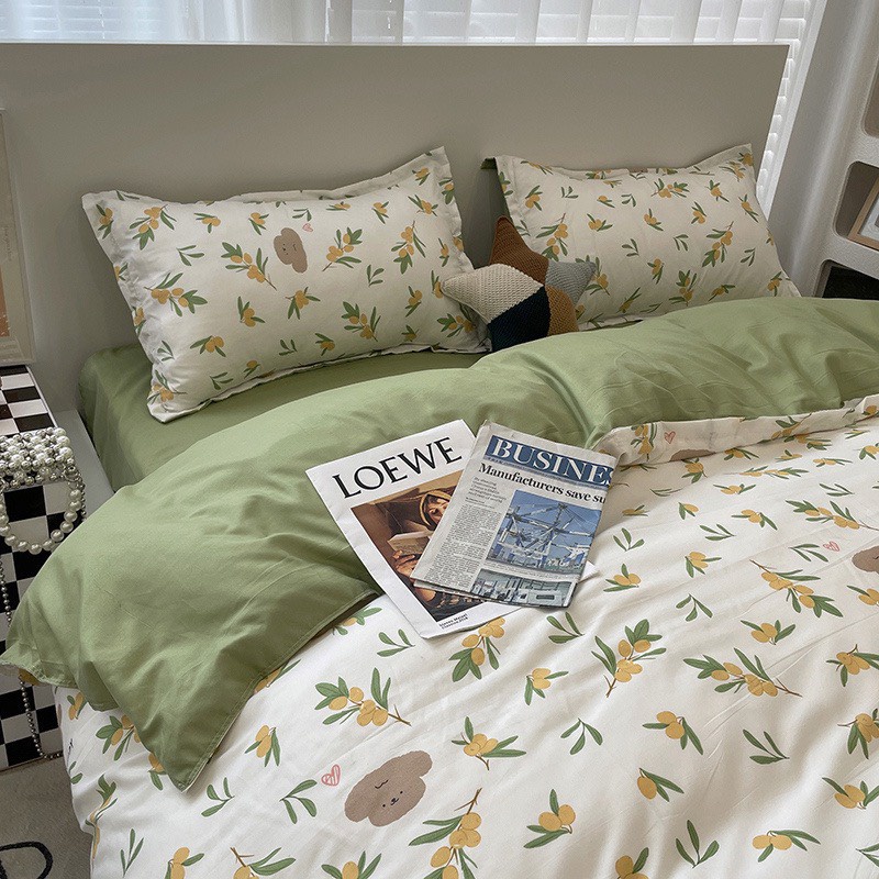 Bộ 4 Món Vỏ Chăn Ga Drap Trải Giường Gối Cotton 80% 3D Hoa Nhí Ga Xanh Phong Cách Vintage Fullsize m