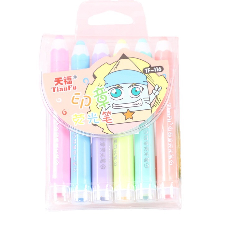 Set 6 Bút Bắt Sáng Màu Neon Kèm Con Dấu Tiện Dụng