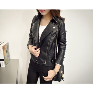 Áo khoác da PU dài tay cổ bẻ trẻ trung cá tính cho nữ kiểu dầy dạn Lanaoer-Da pu dày dặn mềm cao cấp