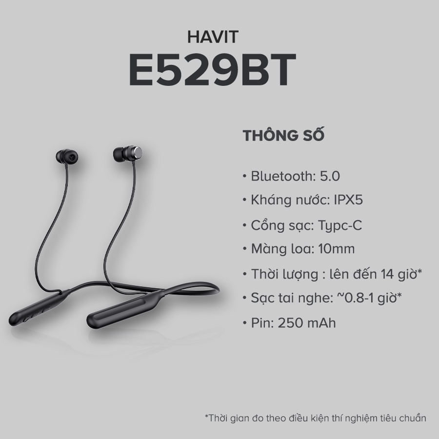 Tai Nghe Nhét Tai Bluetooth HAVIT E529BT, BT 5.0, Mic ENC Đàm Thoại, Kháng IPX5, Nghe Đến 14h - Chính Hãng BH 12 Tháng