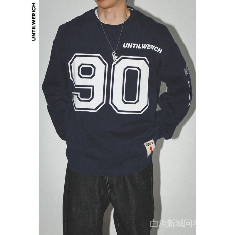 Áo Thun Tay Dài Dáng Rộng In Số 90 Hockey Jersey Kiểu Retro Mỹ Thời Trang Mùa Xuân Năng Động