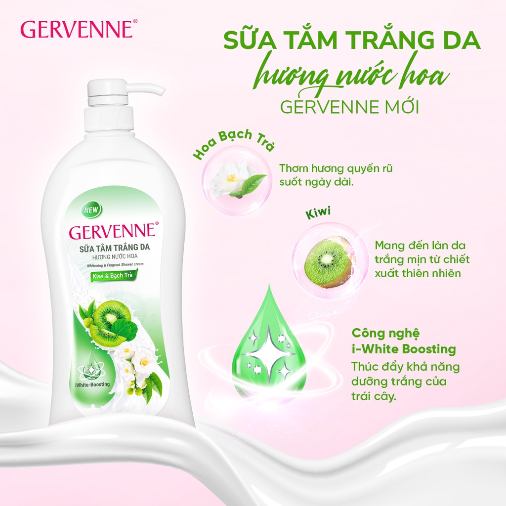 Combo 2 Sữa tắm trắng da hương nước hoa Gervenne Kiwi và Bạch Trà 900g/chai