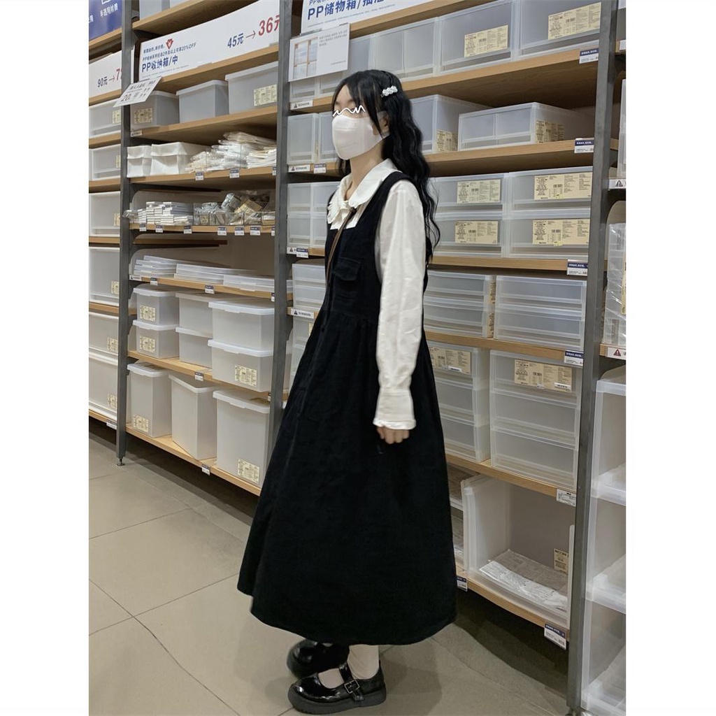 Set Áo Sơ Mi Cổ Đứng + Đầm Yếm Dáng Rộng Thời Trang Theo Phong Cách Hàn Quốc