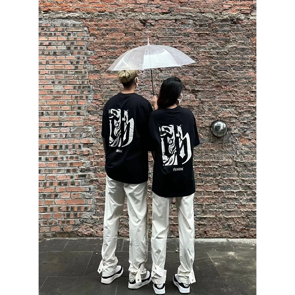 Áo phông rộng nữ Letter Print vintage oversize đen unisex áo