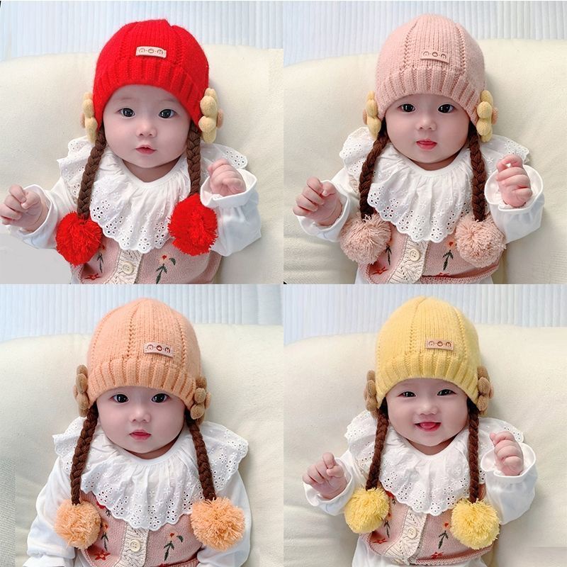Mũ Len Trùm Đầu Kèm Tóc Giả Dày Dặn Giữ Ấm Tai Cho Bé