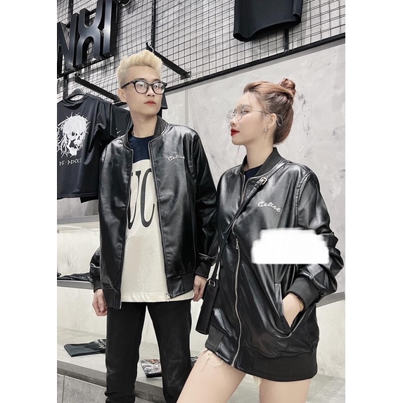 Áo khoác da nam nữ bomber jacket đen bóng thêu chữ C hai mặt khoá zip bo chun 2 lớp sang trọng AK85P