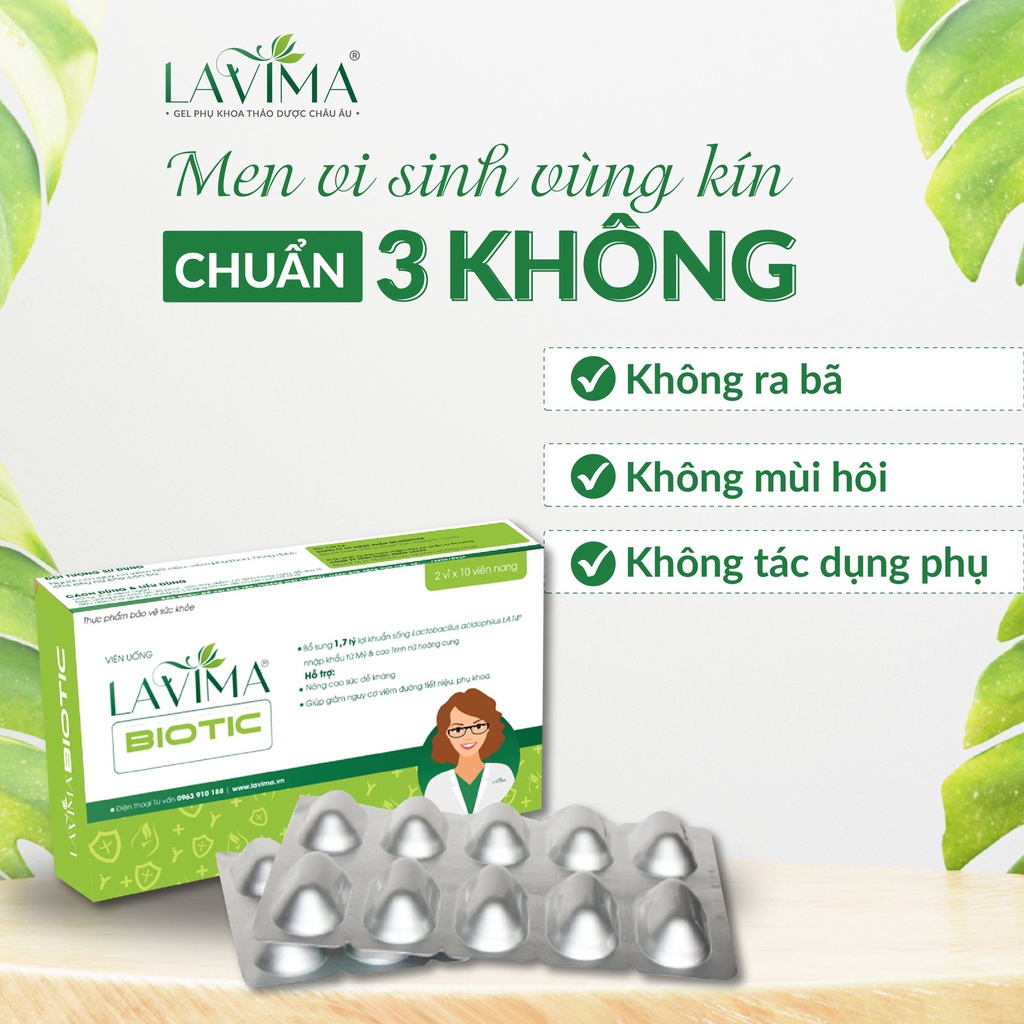 Viên Uống Phụ Khoa, Men Vi Sinh Vùng Kín LAVIMA BIOTIC 20 Viên, Giảm Khí Hư, Ngứa Rát, Ngăn Ngừa Tái Phá