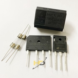 Combo linh kiện sửa công suất bếp từ igbt h25r1203, cầu diode gbj2510, tụ mkp 5uf nằm, cầu chì 12a