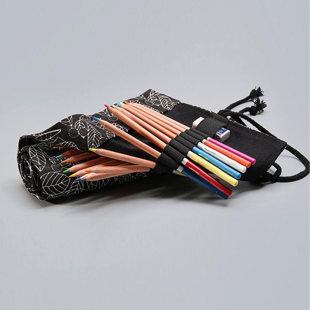 Túi Cuộn Đựng Bút Bằng Vải Bạt In Hình Chiếc Lá Màu Trắng Đen Cho Nữ