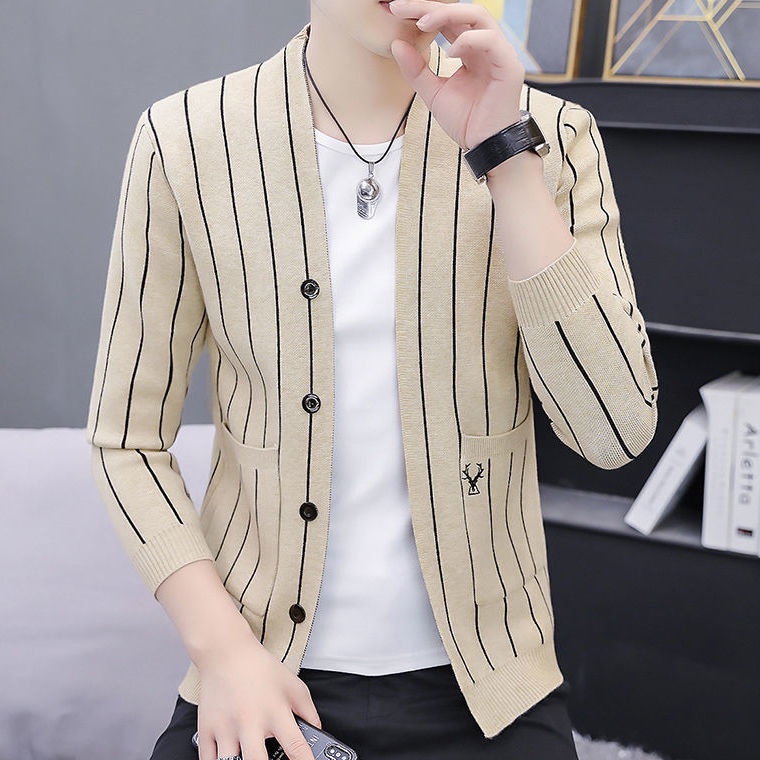 Áo Khoác cardigan Len Dệt Kim Mỏng Kẻ Sọc Kiểu Hàn Quốc Thời Trang Cao Cấp Cho Nam