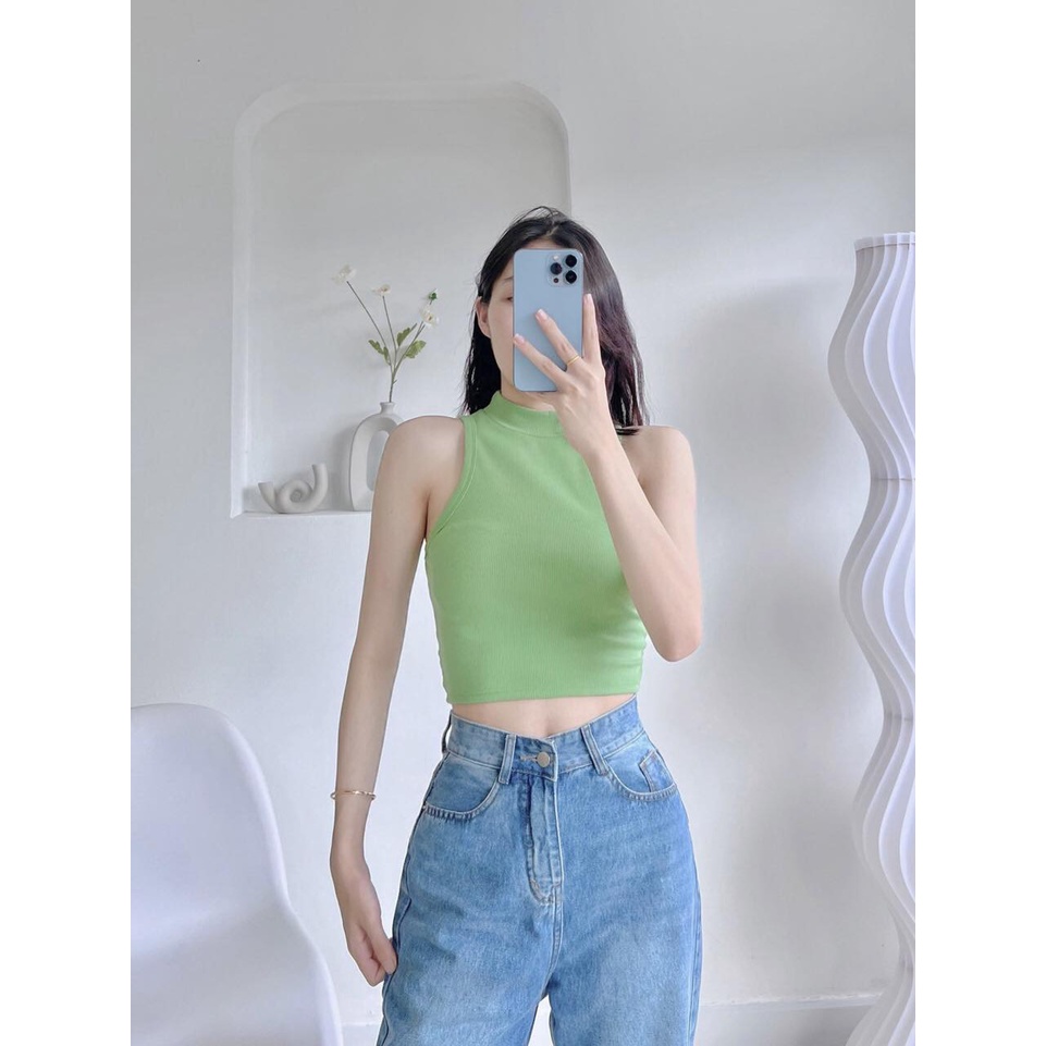 Áo croptop nữ trơn sát nách cổ lọ thun bo gân cao cấp co giãn form basic màu sắc trẻ trung CA095197