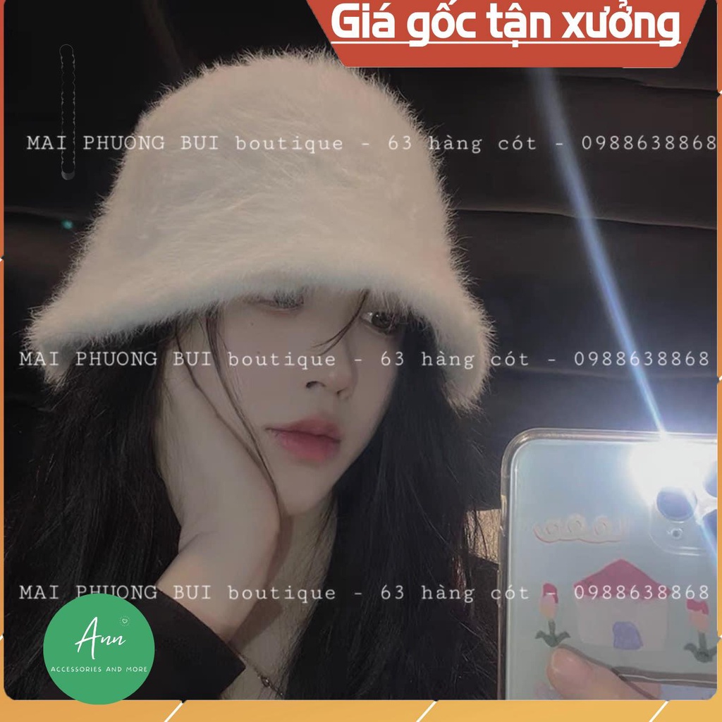 Mũ bucket vành cụp, mũ lông thỏ thiết kế phong cách Hàn Quốc, phom mũ chuẩn đẹp, sẵn 4 màu đen-trắng-kem-nâu nhạt