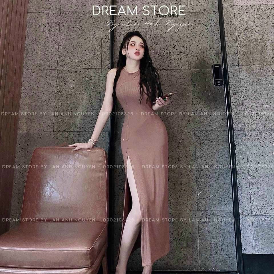 Đầm nữ thời trang mặc đi tiệc chất thun gân cổ tròn váy maxi body xẻ trước thời thượng