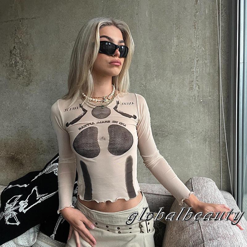 Áo Croptop Tay Dài Cổ Tròn In Chữ Phối Lưới Thời Trang Xuân Thu Cho Nữ