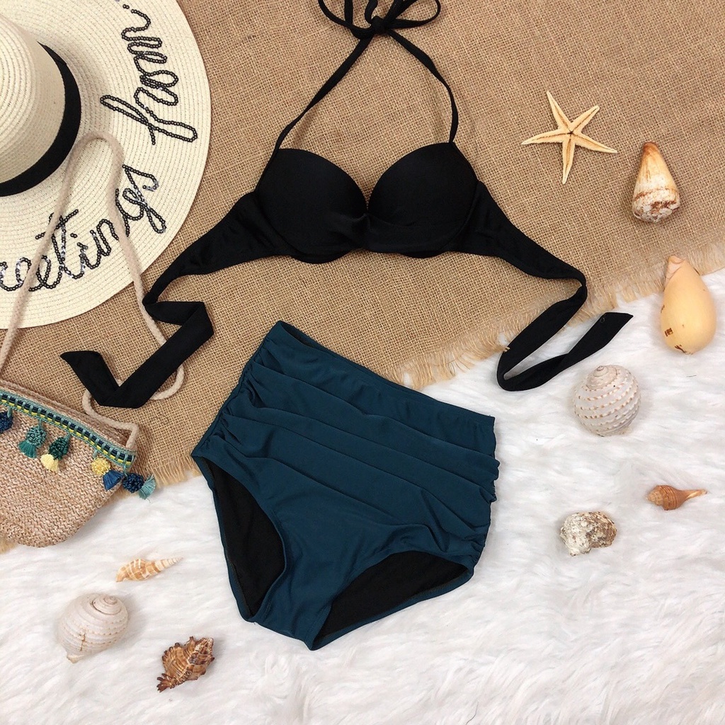Bikini đi biển nữ 2 mảnh áo gọng xoắn đen mix quần cao nhún xanh cổ vịt 2022