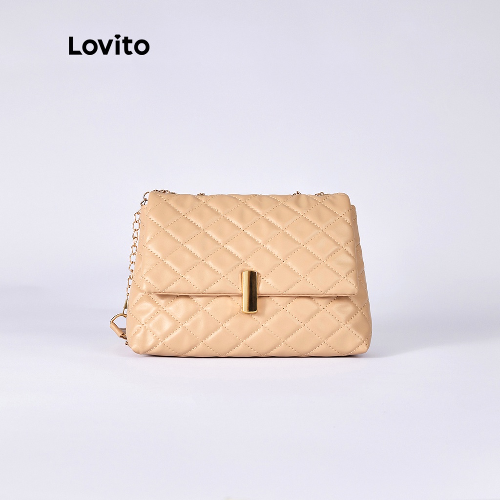 Lovito Elegant Trơn Kim Cương Quilting Kim Loại Dây Đeo Chuỗi Trọng Lượng Nhẹ Túi Vuông L38BA04 (Trắng/Đen/Kaki/Xanh dương)