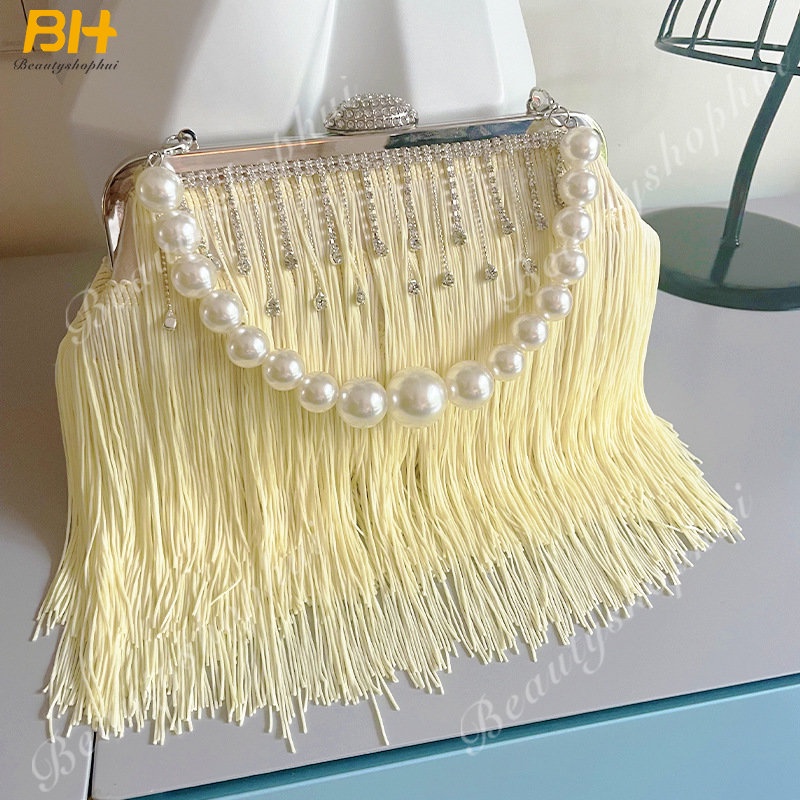 Túi Xách Đeo Vai Đính Ngọc Trai Phối Tua Rua Phong Cách Âu Mỹ Sang Trọng Dành Cho Nữ