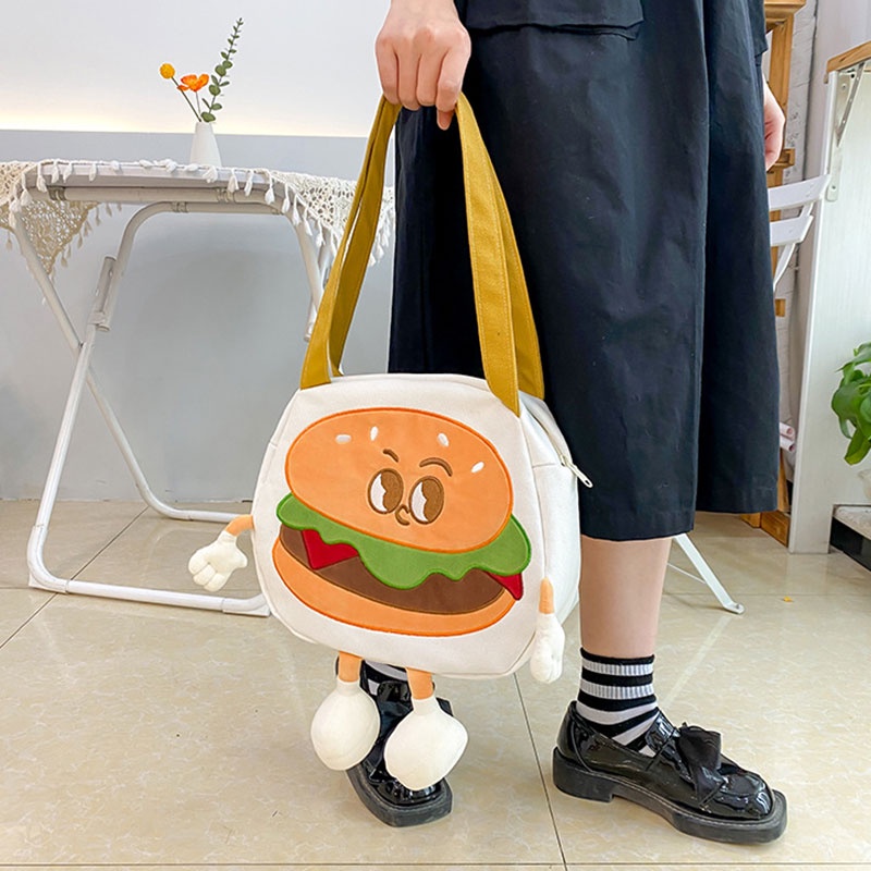 One Túi Xách Nữ Vải canvas In Hình hamburger Dễ Thương