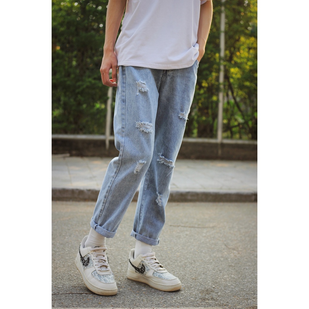 Quần jean baggy nam nữ ống rộng rách pon.mens hà nội hcm