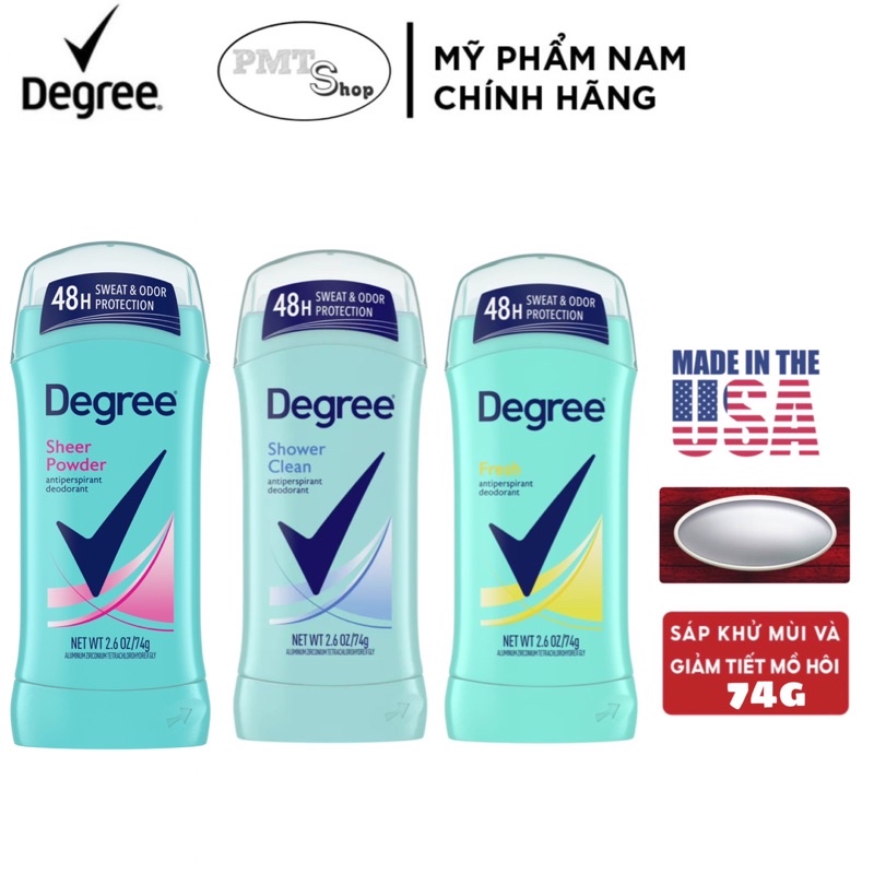 Lăn sáp khử mùi nữ Degree Women 74g Shower Clean Sheer Powder Pure Rain Fresh Black White Sexy Intrigue Coconut Hibiscus