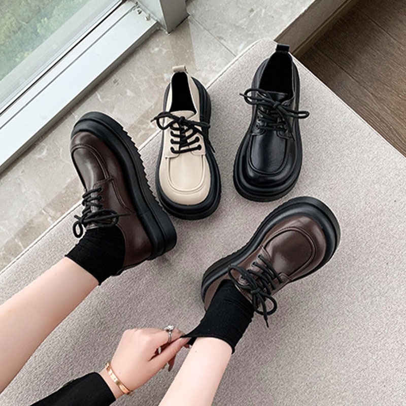 One more shoes Giày Da Đế Dày Buộc Dây Mềm Mại Thoải Mái Phong Cách retro Pháp Cho Nữ