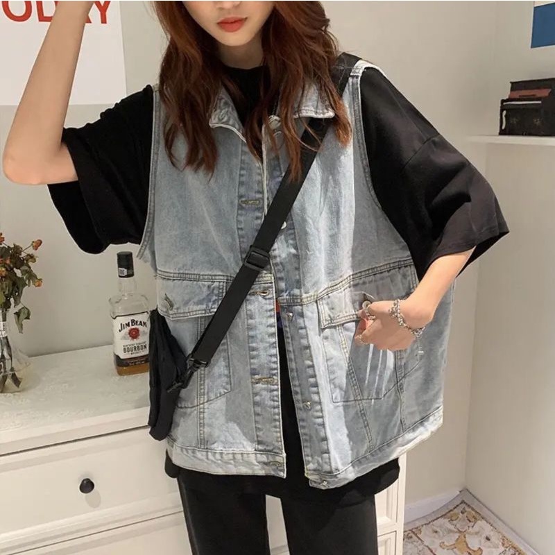 Áo gile jean nữ cá tính , áo khoác bò dáng rộng phong cách Hàn Quốc