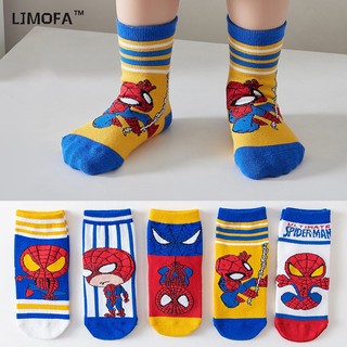 LJMOFA KIDS 5 cặp phù hợp 1-12 tuổi bé trai vớ bông hoạt hình người nhện mô hình người đàn ông cô gái vớ trung bình mùa thu và mùa đông thông gió, hấp thụ mồ hôi mềm mại, ấm áp và linh hoạt trẻ em học sinh tất tất trẻ em bán buôn