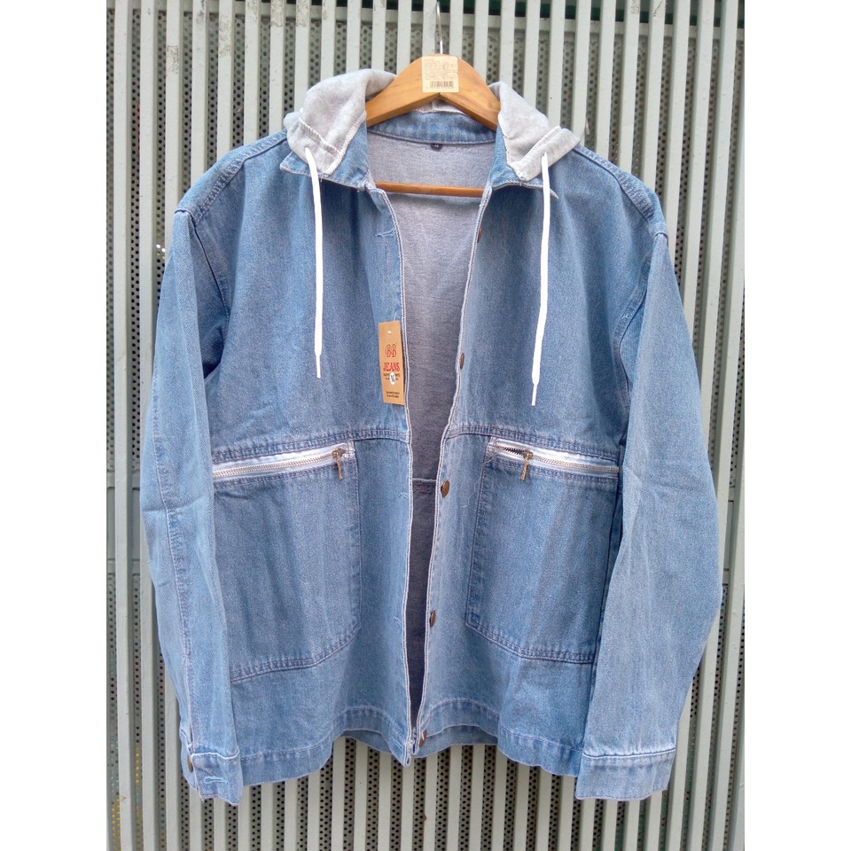 Áo khoác jean nam có nón túi Zip xanh - áo jean nón mũ viền tay xanh đen form rộng size 40-75kg