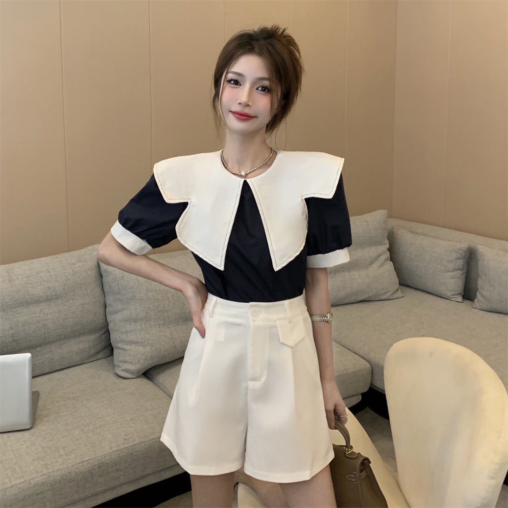 Áo Sơ Mi Mỏng Tay Ngắn Phối Màu Tương Phản Thời Trang Cho Nữ