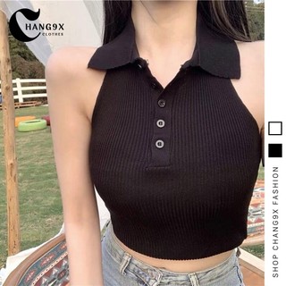 Áo croptop yếm phối cổ polo nữ trơn dáng ôm body, áo kiểu yếm choàng cổ chất thun gân thời trang cr09