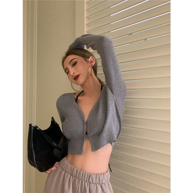 Porozi  Áo  vải dệt kim tay dài cổ chữ V dáng ôm phong cách Hàn Quốc dành cho nữ