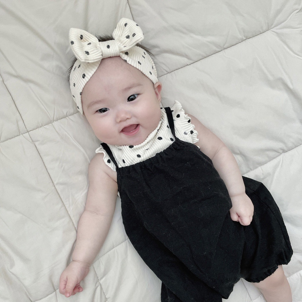 Áo Không Tay Chấm Bi + Băng Đô Nơ Thời Trang Mùa Hè Hàn Quốc Cho Bé Gái