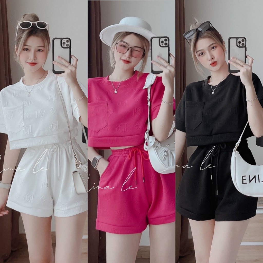 Sét bộ đùi áo croptop tay ngắn cổ tròn có túi siêu cute